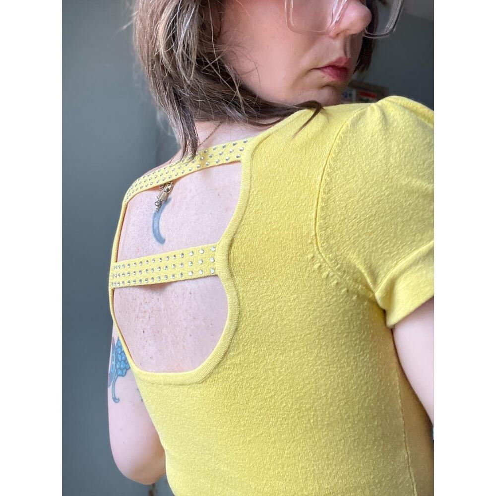 Vintage Y2K Rhinestone Baby Tee | Yellow Knit Cutout Back Puff Sleeve | XS - Picture 5 of 9